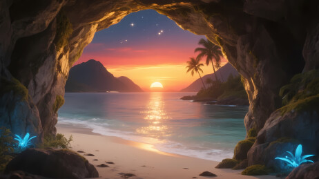 洞穴视角日落海滩