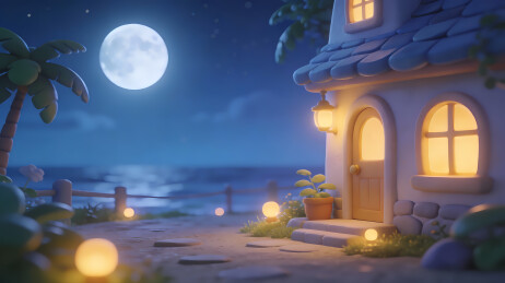 卡通海边小镇夜景