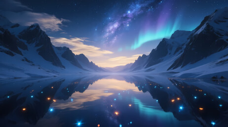 雪山极光星空倒影