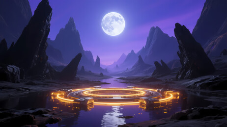 奇幻月夜山影环台