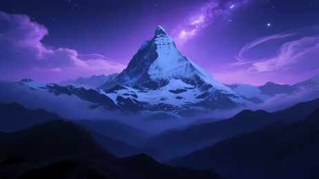 极光笼罩的雪山夜景