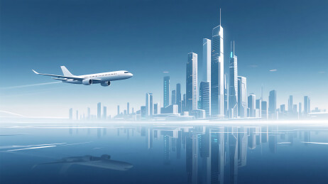 城市上空飞行的客机插画