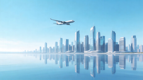 城市上空飞行的客机插画