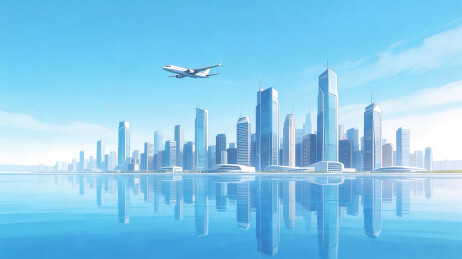 城市上空飞行的客机插画