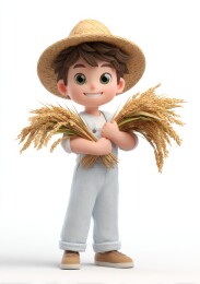  一个卡通农民抱着一捆稻穗