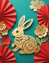 金兔纸雕花卉扇形