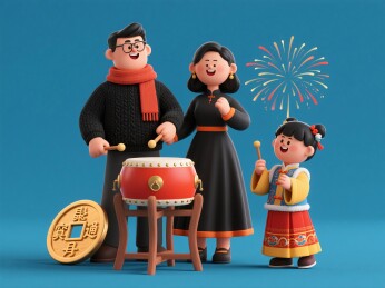 一家人敲鼓庆祝节日