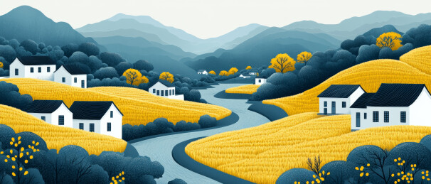 山间田野中的白屋与河流