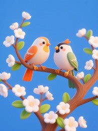 枝头鸟雀依偎赏花