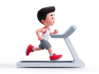  一个卡通男生在跑步机上跑步