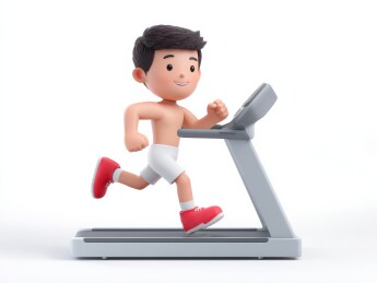 一个卡通男生在跑步机上跑步