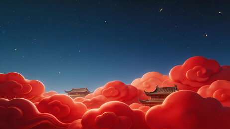 红云映衬古建夜空
