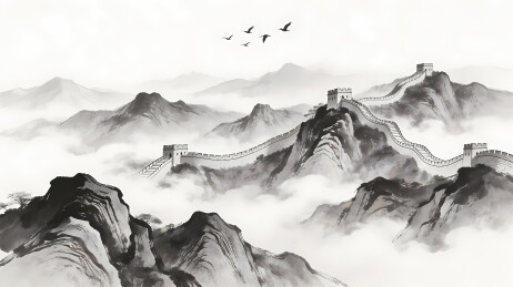 水墨远山飞鸟图