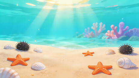 海底阳光下的海星海胆