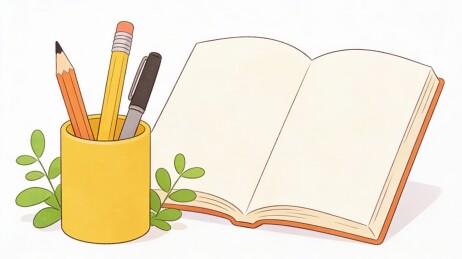 书本笔筒绿叶静物画