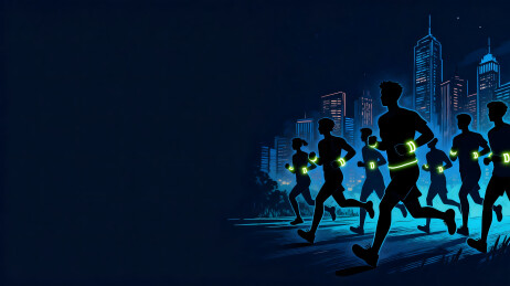 夜跑人群佩戴荧光带穿行城市夜景