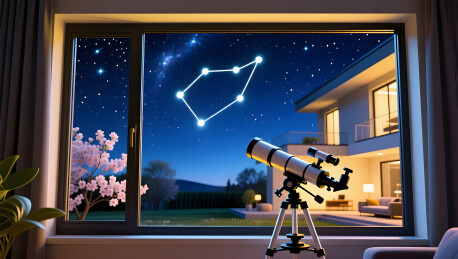 春季观星在窗前通过望远镜探索美丽星座