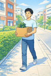 抱着纸箱走向新家