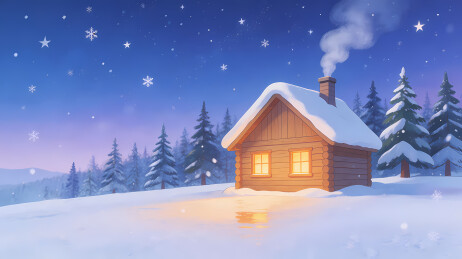冬夜雪中小木屋