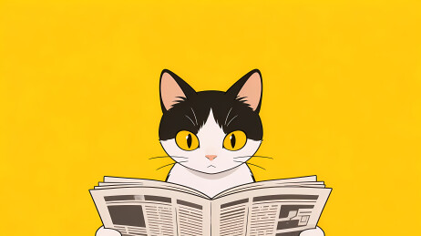 黑白猫专注读报纸