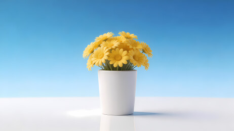 黄花白瓶蓝天空