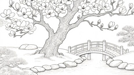樱花桥景线描插画