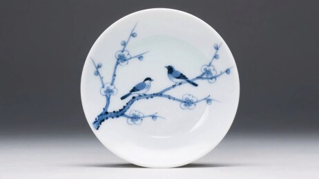 蓝白瓷盘鸟与梅枝