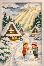 雪村孩童堆雪人