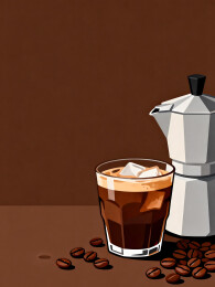 冰美式咖啡配摩卡壶与咖啡豆