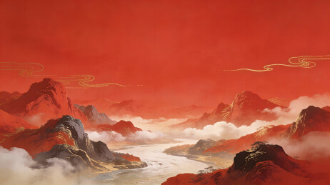 赤色山河金云缭绕雾中 river