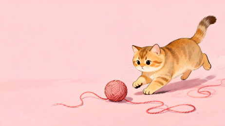 橘猫幼崽扑向粉色毛线球