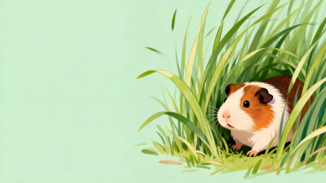 棕白豚鼠探头绿草丛中