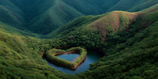 山谷中的心形湖泊与翠绿山峦环绕浪漫美景