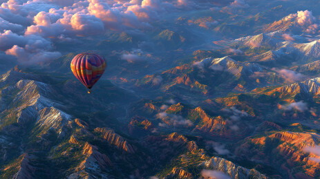 热气球飞越云层与山脉的壮观航拍视角冒险