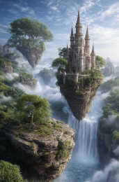 悬浮空中的奇幻城堡与瀑布仙境场景梦幻
