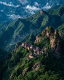 云雾缭绕的山间村落与险峻山峰中国