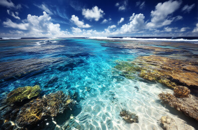 清澈碧蓝的海水与白色浪花海岸风光热带