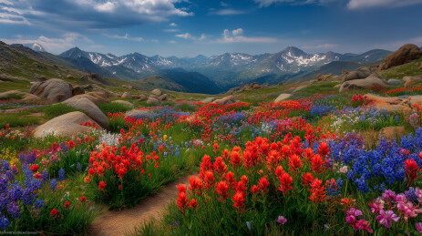 开满野花的山谷与远处雪山春日景象生机