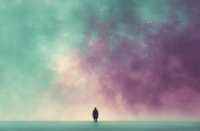 孤独身影面对广阔天空与云彩的剪影哲学