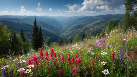 开满野花的山坡与远处森林夏日风光活力
