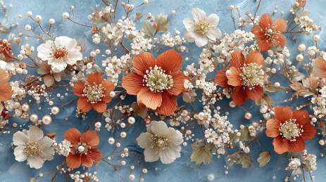 精致刺绣花卉与珍珠装饰的工艺品特写手工