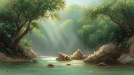阳光穿透密林的幽静湖畔森林景观神圣