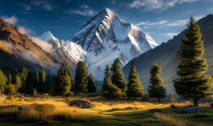 金色阳光下的雪山与松树林壮丽景色晨光