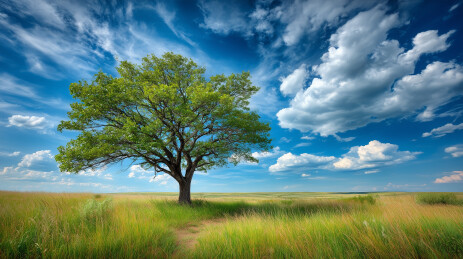 广阔草原上孤独的树与蓝天白云自由