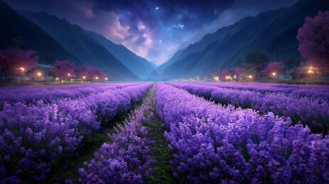 月光下的薰衣草田与星空夜景浪漫芬芳
