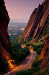 红色岩石山峰与蜿蜒公路的壮丽日落驾驶