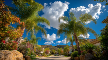 热带棕榈树与蓝天白云的度假胜地椰风