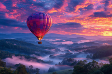 热气球在紫色晚霞中的浪漫飞行冒险梦想