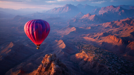热气球在红色岩石上空飘浮的日出晨光
