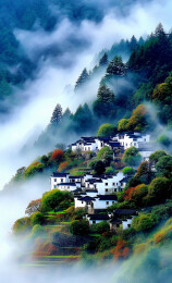 云雾中的徽派古村落与青山环绕中国传统